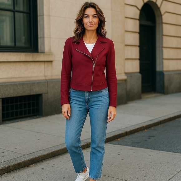 JULES & LEOPOLDO WOMENS SM PETITE BURGUNDY BLAZER JACKET W/ ANIMAL PRINT CAMI - Picture 2 of 6